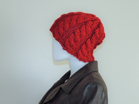 Vintage Chunky Knit Hat, Hand-Knitted Deep Red Be… - image 1