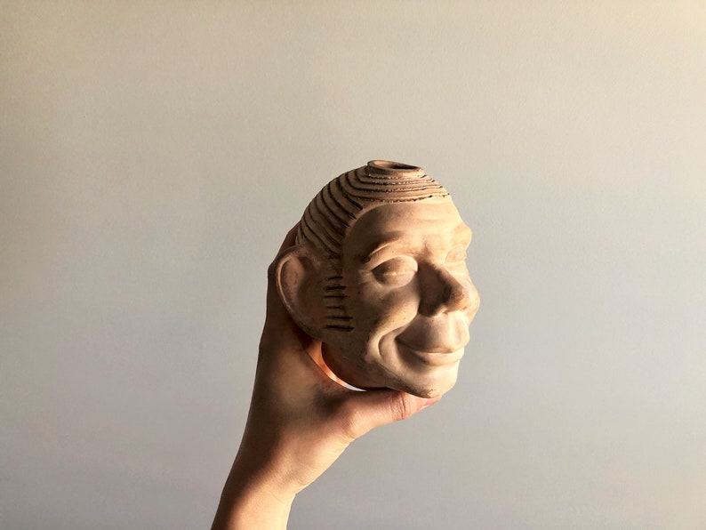 Vintage Abstract Man Head Statue, Light Faded Clay Head Sculpture, Swanky Human Head Decor, Abstract Decor, Modern Accent Statue 5 Tall image 3