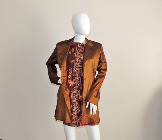 Shiny Brown Jacket Shimmery Long Formal Jacket Fitted Evening Blazer Office Duster Metallic Brown Jacket Vintage Cognac Brown Blazer