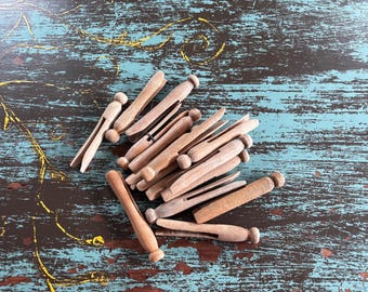 Vintage Dolly Pegs Lot, Antique Wood Laundry Pegs, Air Drying Clothing Pegs, 1970s