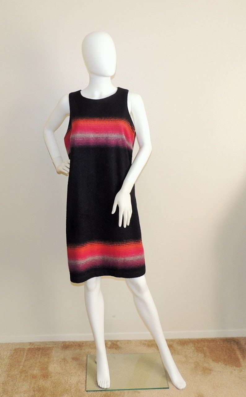 Vintage Wool Blend Blanket Dress Knee Length Sleeveless Fall Winter Dress Colorblock Dress Black Pink /& Orange Mod Dress