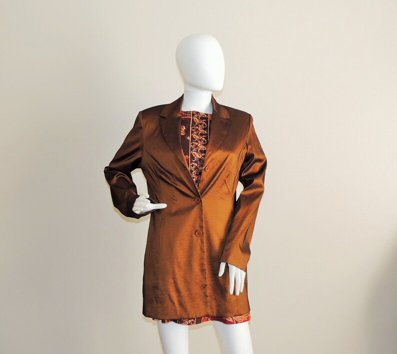 Shiny Brown Jacket Shimmery Long Formal Jacket Fitted Evening Blazer Office Duster Metallic Brown Jacket Vintage Cognac Brown Blazer