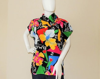 80's Bold Graphic Print Top, HARDOB Blouse, Funky Streetwear Top, Colorful Mockneck Short Sleeve Shirt, Abstract Floral Top, Art to Wear