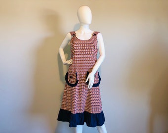 Vintage 1970er Jahre Handmade Mod Kleid, Retro Ärmelloses Kleid, Bauernkleid mit Taschen, Schürzenkleid