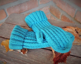 Vintage Hand Knitted Mittens, Sweater Gloves, Unisex Mittens, Wool Blend Non-Itch Mittens, Handmade Blue Wool Mittens, Winter Hand Warmers