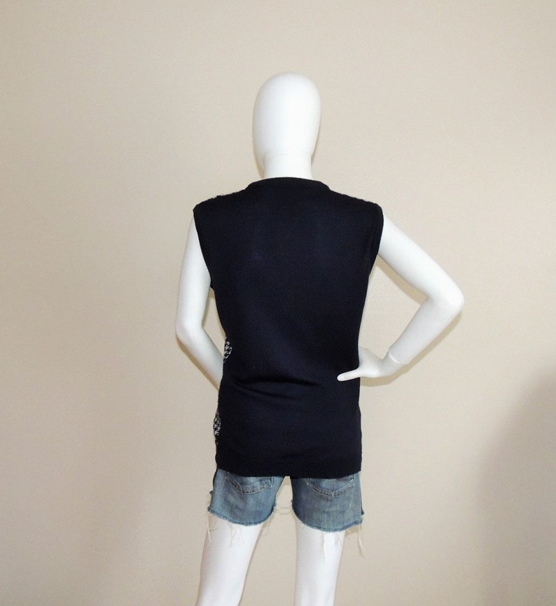 Soft Knit Waistcoat Vintage Houndstooth Vest Slim Buttoned Spring Winter Fall Vest Navy Blue and Gray Sleeveless Top Sweater Vest