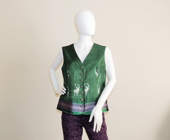 Vintage Ethnic Vest, Green Purple Jacquard Waistc… - image 1