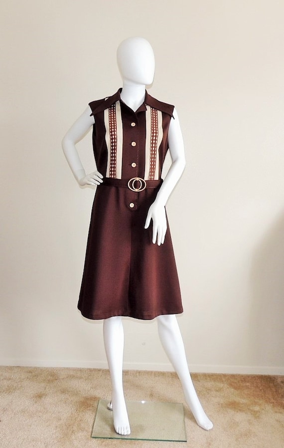 Vintage Diolen Loft Dress, Brown Sleeveless Dress,