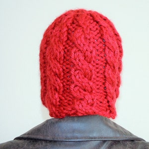Vintage Chunky Knit Hat, Hand-Knitted Deep Red Beanie, Cable Knit Wool Blend Hat, Red Winter Hat, Slouchy Warm Winter Beanie image 6