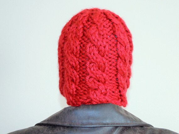 Vintage Chunky Knit Hat, Hand-Knitted Deep Red Be… - image 6