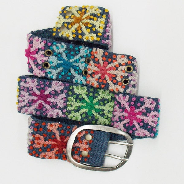 SALE Medium Wool Belt Snowflakes in Multi Colors Hand Embroidered on Blue-gray Background by Fair Trade Artisans in Peru
