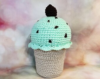 Handmade Crochet Mint Chocolate Chip Ice Cream Cone Trinket Box Pin Cushion 11" Tall Rare Gift