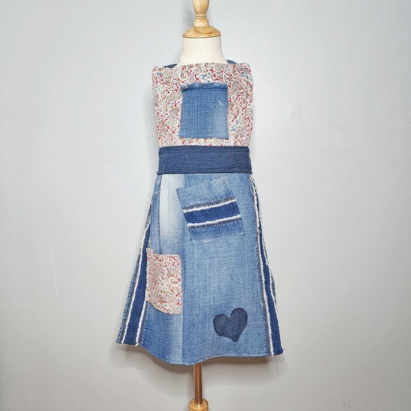 Handmade Child Denim Apron Size 7 8 9 10 Rustic Upcycled Country Farm Girl Unique Garden Cooking
