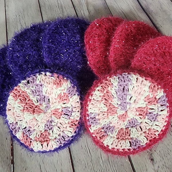 Set of 2 Double Layer Large Round Crochet Dish Scrubbies Scrubby Eco Reusable