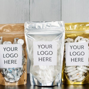 Logo Pouch Bags - Business Gift Bags - Wedding Favor Bags - Realtor Gifts - Candy, Treat, Coffee, Popcorn Bags // Stand Up Zip Pouch Bags