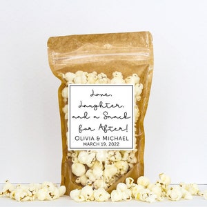 Wedding Popcorn Bags - Love Laughter and a Snack For After Treat Bags - Wedding Favors for Guests // Stand Up Zip Pouch Bags with Labels