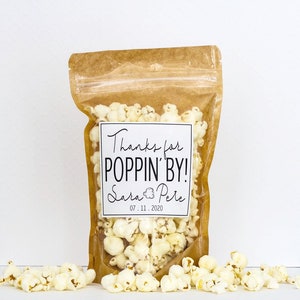 Wedding Popcorn Bags Thanks for Popping In Bags Popcorn Bar Bags Wedding Favors for Guests // Stand Up Zip Pouch Bags with Labels image 1