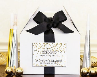 Gold Confetti Wedding Welcome Boxes - NYE Wedding Hotel Boxes - Black Tie Wedding - Gable Boxes, Ribbon & Labels - we assemble!