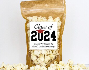 Graduation Popcorn Bags - Thanks for Popping By Bags - Personalized Class of 2024 Graduation Party Favor Bags // Stand Up Zip Pouch Bags