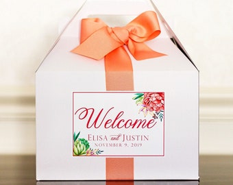 Succulent Wedding Welcome Boxes - Southwest Wedding Guest Hotel Welcome Boxes - Gable Boxes, Ribbon & Labels - we assemble!