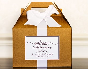 Mountain Wedding Welcome Boxes - Hotel Welcome Boxes for Guests - Gable Boxes, Ribbon & Labels - we assemble!