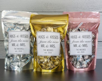 Wedding Favors for Guests - Wedding Candy Dessert Bar Bags - Hugs and Kisses From Mr and Mrs Treat Bags // Stand Up Zip Pouch Bags & Labels