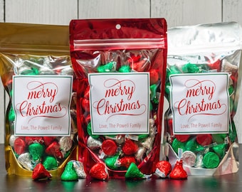 Christmas Candy Bags - Christmas Treat Bags - Holiday Goodie Bags - Party Favor Bags - Edible Gift Bags // Stand Up Zip Pouch Bags & Labels