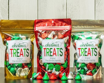 Christmas Treats Candy Bags - Personalized Holiday Party Favor Bags - Resealable Popcorn, Chocolates, Nut Bags // Stand Up Zip Pouch Bags