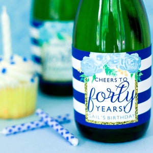 Birthday Mini Champagne Labels - 30th, 40th, 50th Birthday Decorations - 60th, 70th Birthday Mini Wine Labels - Floral Birthday Party Favors