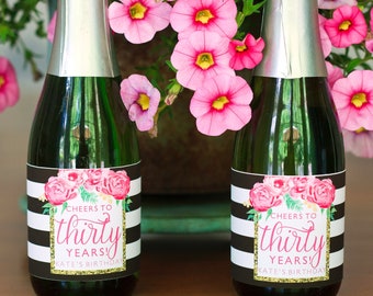 Floral Birthday Mini Champagne Bottle Labels. Pink Birthday Party Favor. 30th, 40th, 50th, 60th Birthday Mini Wine Labels. Party Decorations