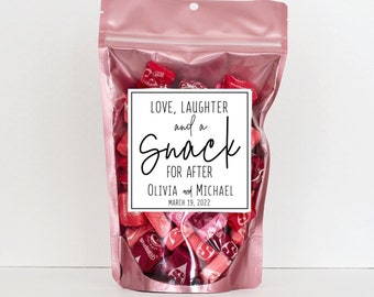 Wedding Favors for Guests - Wedding Candy Bar Bags - Love Laughter and a Snack for After Favor Ideas // Stand Up Zip Pouch Bags with Labels