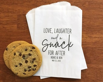 LINED Wedding Favor Bags for Guests - Wedding Cookie Bags, Candy Bags, Dessert Bags, Donut Bags - Love Laughter and a Snack for After Bags