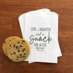 LINED Wedding Favor Bags for Guests Wedding Cookie Bags, Candy Bags, Dessert Bags, Donut Bags Love Laughter and a Snack for After Bags image 1