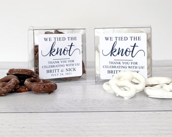 Wedding Favor Pretzel Boxes - Engagement Party Favors for Guests - We Tied the Knot Pretzel Favors // 3" Cubes & Labels, Food NOT Included