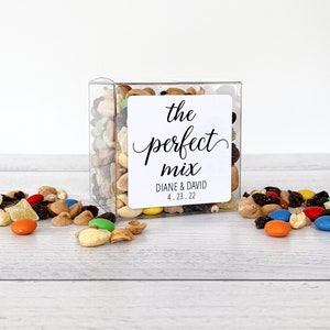 Wedding Favor Boxes - The Perfect Mix Favors for Guests - Personalized Trail Mix Wedding Favor Boxes // 3&quot; Cubes & Labels, Food NOT Included