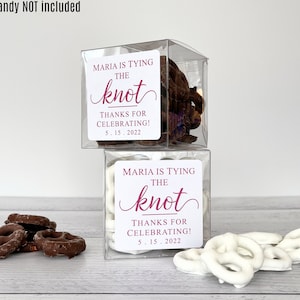 Bridal Shower Favor Boxes - Wedding Shower Favors for Guests - She is Tying the Knot Pretzel Favors // 3&quot; Cubes & Labels, Food NOT Included