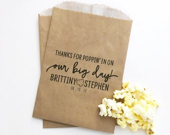 LINED Wedding Popcorn Bags - Popcorn Favor Bags - Popcorn Bar Bags - Thanks for Popping In On Our Big Day - Kraft Bags