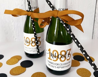 Birth Year Birthday Mini Champagne Bottle Labels  - Party Favors for Adult Birthday - 30th, 40th, 50th, 60th, 75th Birthday Mini Wine Labels