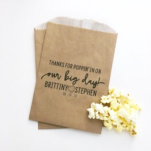 LINED Wedding Popcorn Bags - Popcorn Favor Bags - Popcorn Bar Bags - Thanks for Popping In On Our Big Day - Kraft Bags