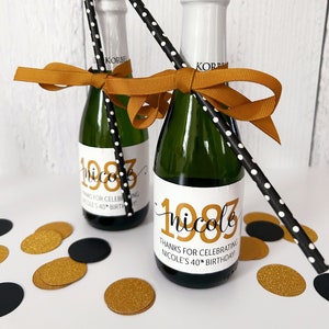 Birth Year Birthday Mini Champagne Bottle Labels  - Party Favors for Adult Birthday - 30th, 40th, 50th, 60th, 75th Birthday Mini Wine Labels