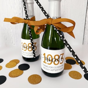 Birth Year Birthday Mini Champagne Bottle Labels  - Party Favors for Adult Birthday - 30th, 40th, 50th, 60th, 75th Birthday Mini Wine Labels