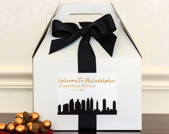 City Skyline Wedding Welcome Boxes for Hotel Guests - MORE Cities Available - Gable Boxes, Ribbon & Labels - we assemble!