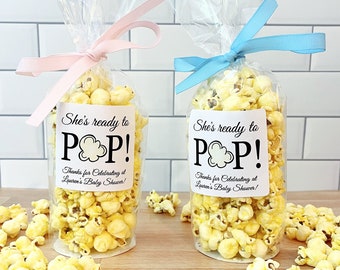 Baby Shower Popcorn Bags, Labels & Ribbon - She's Ready to Pop Sprinkle Favors for Guests - Gender Reveal Party Favors // Food NOT Included