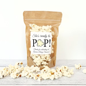 Baby Shower Favors Popcorn Bags - She&#39;s Ready to Pop Popcorn Bags - About to Pop Favors for Guests  // Stand Up Zip Pouch Bags & Stickers