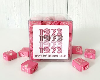 Vintage Birth Year Birthday Party Favors - Adult Birthday Favors - Candy, Popcorn, Guest Gift Boxes // 3" Cubes & Labels, Candy NOT Included