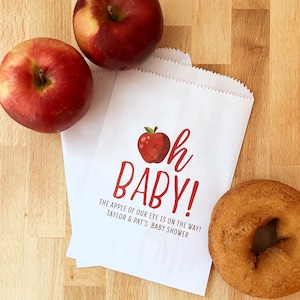 Sacs cadeaux pour baby shower d'automne doublés - Boys girl girl baby shower de couleur pomme, sexe neutre - Déco baby shower d'automne - Sacs de beignets au cidre Pomme de mes oeil