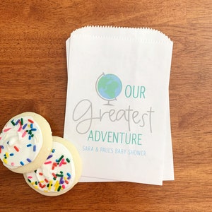 Our Greatest Adventure Baby Shower Favor Bags - Globe Thank You Bags - Travel Theme Baby Shower Decoration - Cookie, Candy, Treat Bags LINED
