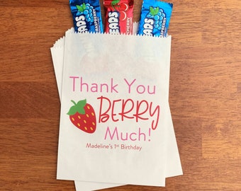 Strawberry First Birthday Favors Bags - Berry Sweet 1st Birthday - Fruit Birthday Party Decorations - Thank You Berry Much Treat Bags LINED