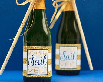 Last Sail Before the Veil Mini Champagne Bottle Label - Nautical Bachelorette Party Favor - Gold Glitter Beach Bachelorette Mini Wine Labels