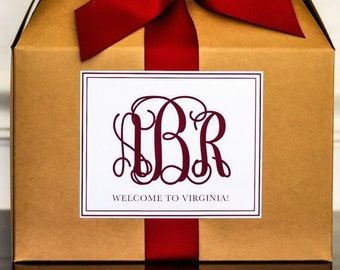 Monogram Wedding Welcome Gift Bag Stickers - Hotel Guest Welcome Box Labels - 4" x 5" Matte or Glossy